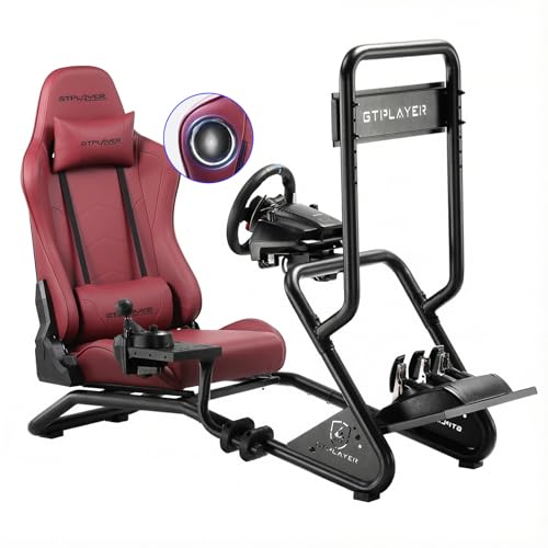 GTPLAYER Cabina de Simulador, soporte para volante de simulador de carreras con soporte ajustable para volante, monitor, cambio y pedales, y altavoces estéreo 3D (burdeos)