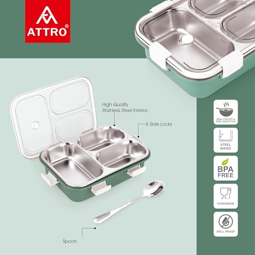 Image of Attro Bento 3 Compartment Stainless Steel Lunch Box with Steel Spoon, Heating & Water Insulation Design for Office, School & Travelling, 750ml- Light Green
