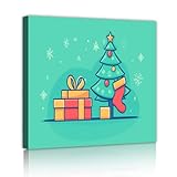 楽しい漫画キャンバスプリントクリスマスツリーストッキングスノーフレークウォールアートポスターリビングルームオフィスホームデコレーショングリーン38x38cmインナーフレーム