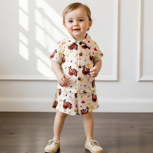 Toddler Baby Boy Thanksgiving Outfit Turkey Cotton Linen Short Sleeve Button Down Shirt and Shorts Set Fall Clothes3
