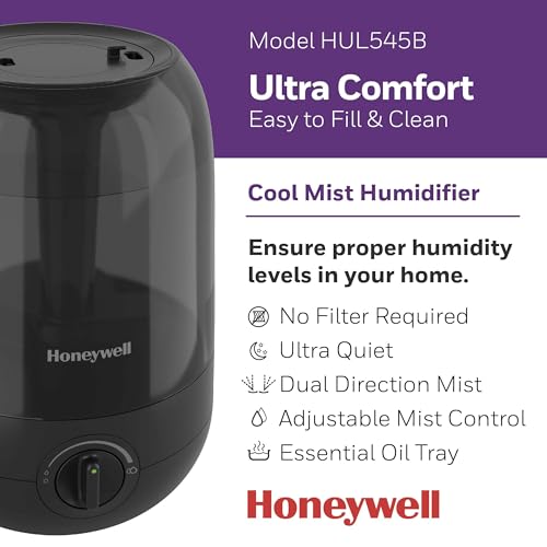 Honeywell Ultra Comfort Cool Mist Humidifier, No Filter, Easy to Fill and Clean, Cleaning Brush Included, Ultra Quiet, Use Air Humidifier with Essential Oils for Extra Comfort, Black, HUL545B - image 2
