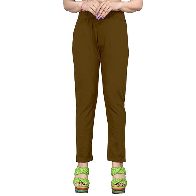 Image of Women's Solid Cotton Lycra Pants-High Waist Slim Fit Stretchable Leggings - Comfortable Long Trousers for Casual, Office & Everyday Wear