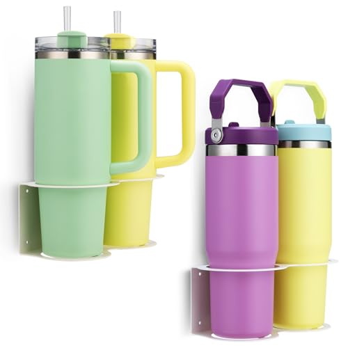 Image of 2 Pack Magnetic Stanley Cup Holder Water Bottle Organizer for Stanley 30&40 oz Tumbler with Double Sided Tape Hold Stanley Cup Accessories for Kitchen Fridge Cabinet(White)