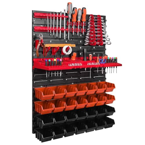 Image of Hukimoyo 28 Bins Wall Mounted Screw Organizer Storage With Screw Holder Set Garage Organizer Bins Plastic Parts Rack Container For Screws, Bolts, Nuts With Pegboard (Red (28 Bins))