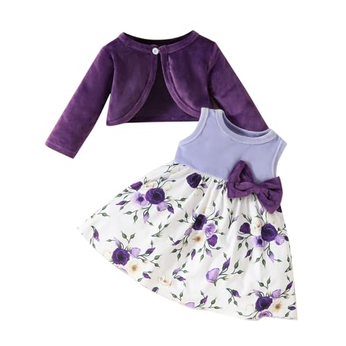2PCS Little Toddler Girls Dress with Cardigan Floral Dresses Ruffle Shrug Sweaters Kids Girls Fall & Spring Clothes