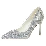Obermaterial: Künstliches PU WOkismD Damen Pumps mit Strasssteinen, spitzer Zehenbereich, High Heels, 10 cm, Schlupfpumps, Hochzeitsschuhe, süße Abend-Stilettos,Silber,37