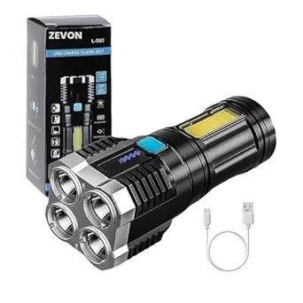 ZEVON Torch Lights Rechargeable with HGH Power Long Dstance with Multifunctional Portable LED Flashlight Torch Long Distance Beam Range with 4 Lighting Modes and COB Light for Outoor