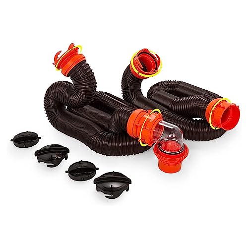 Camco RhinoFLEX 20-Ft RV Sewer Hose Kit - Features Clear Elbow Fitting w/Removable 4-in-1 Adapter - Connects to 3” Slip or 3”/3.5”/4” NPT Threaded Sewer Connection (39742)