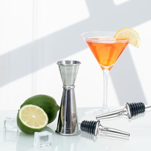 Image of Briout Jigger and 2 Pourers, Double Cocktail Jigger Japanese Premium 304 Stainless Steel Jigger 2 OZ and 1 OZ with Measurements Inside
