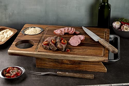 Tábua Madeira Teca 44 x 30 cm c/Bandeja Para servir + 2 Potes Inox, Stolf
