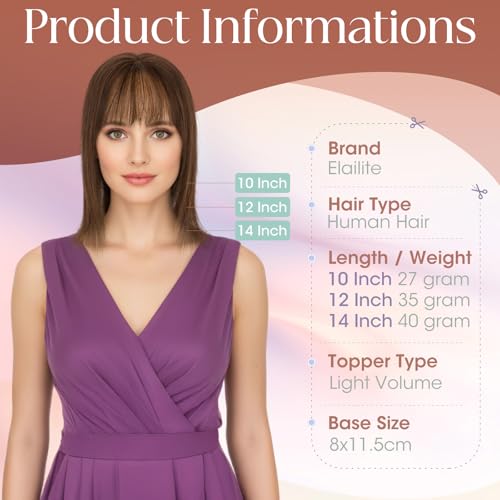 Elailite Real Human Hair Topper With Fringe Silk Base Toppers For Thinning Hair Women UK Lightweight - #02 Dark Brown - 12 Inch 35g - Image 6