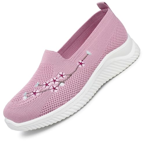 Women's Breathable Mesh Embroidered Walking Shoes Lightweight Comfortable Non-Slip Sneakers Casual Fashion Slip On Soft Sole Tennis Shoes Loafers
