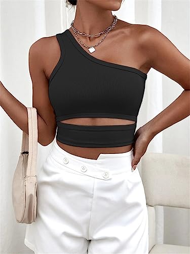 Dninmim Women Knit Tank Top Solid One Shoulder Ribbed Black Vest Slim Short Sleeveless Y2K Camisole3