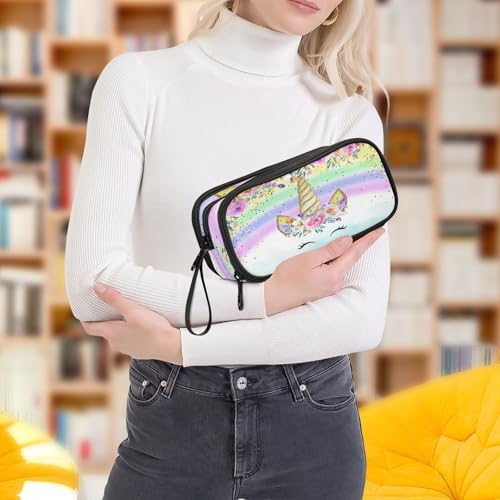 Image of Unicorn Rainbow Flower Pencil Case Box Boys Girls Large Pencil Pouch with Zipper Compartments Big Capacity Stationery Pen Bag Organizer for Kids Teens Adults School