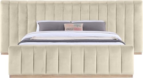 Image of Meridian Furniture AmaraCream-K133 Collection Modern | Contemporary King Bed, Ultra Luxe Cream 460 GSM Velvet, Natural Finish, Solid Wood Base and Inner Frame, 133 inch W x 99 inch D x 51 inch H, Cream, King