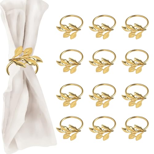 DIYJEP 12 Piezas servilletero de Metal, Anillo de servilleta Forma de Hoja, Delicados Servilletero Individuales de Metal para Banquete de Boda cumpleaños Decoración de Mesa de Cena de Navidad (Oro)