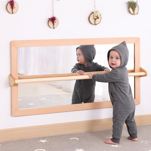 Image of KRAND 3-Position Montessori Shatterproof Safety Baby Mirror w/Pull Up Handrail, Infant Coordination Mirror Set, Kid's Classroom Furniture for Nursery, Daycare, Homeschool or Preschool (Natural Pura)