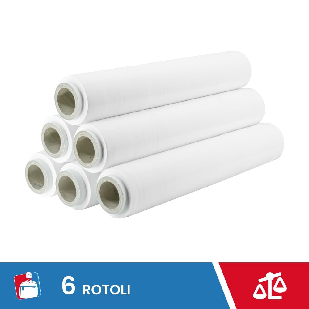 IMBALLAGGI 2000 - Wysuwana folia do pakowania białego, 6 rolek 160 x 30MYx50H cm do uniwersalnego opakowania, dodatkowa trwała folia opakowaniowa - rolka do pakowania do wysyłki i przeprowadzki