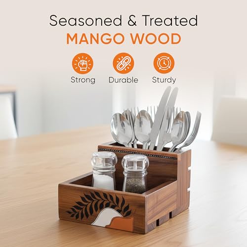 Image of AAKRITI ART CREATIONS Teak Leaves Cutlery Holder Large | Hand-painted Teak Wood Stand For Dining Table | Kitchen Knife Holder | Wooden Cutlery Holder, Natural Brown Matte Finish