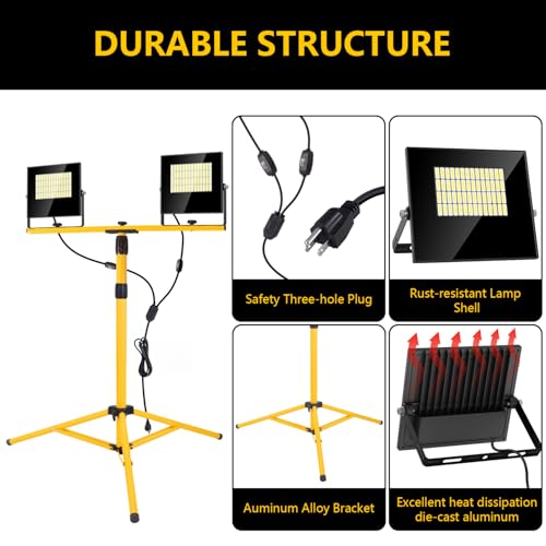24000 Lumen Work Lights with Stand, 2 Adjustable Head LED Work Light with Adjustable and Foldable Tripod Stand, IP67 Waterproof Lamp Individual Switch with 16FT Cord for Outdoor Construction Lighting - image 3