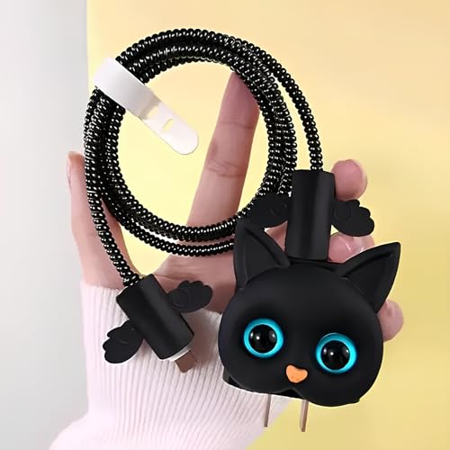 Image of skysia Charger Protector and Cable Protector for iPhone (18W-20W) - 3D Cute Pattern, Data Line Wire Saver, Full Protection Cover 4 in 1 - Multicolored (One Piece) (Black Cat Big Eyes)