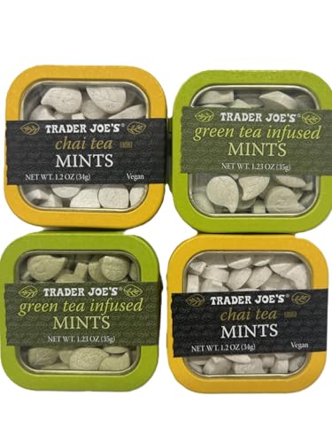 Trader Joe's Flavored Mints Assortment – Chai Tea & Green Tea Mints, 1.2 oz Tins (Pack of 4)