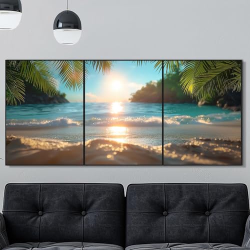夕日の下で霞んだヤシの木と砂浜、波打つ海の美しい景色を描いた風景の北欧風モダン絵画。キャンバスに描かれた壁掛けアートプリントで、アルミニウム合金フレーム付き。耐久性のある頑丈なバックボード、厚さ2.5cm、サイズ40x30cmの3枚セットです。