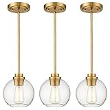 Audickic 3-Pack Pendant Lights Kitchen Island, Gold Hanging Lights Fixtures with Clear Glass Globe Shade, Brass Kitchen Island Lighting for Dining Room, AD-22280-1P3-GD