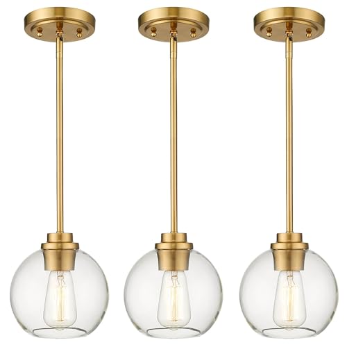 Image of 3-Pack Pendant Lights Kitchen Island, Gold Hanging Lights Fixtures with Clear Glass Globe Shade, Brass Kitchen Island Lighting for Dining Room, AD-22280-1P3-GD