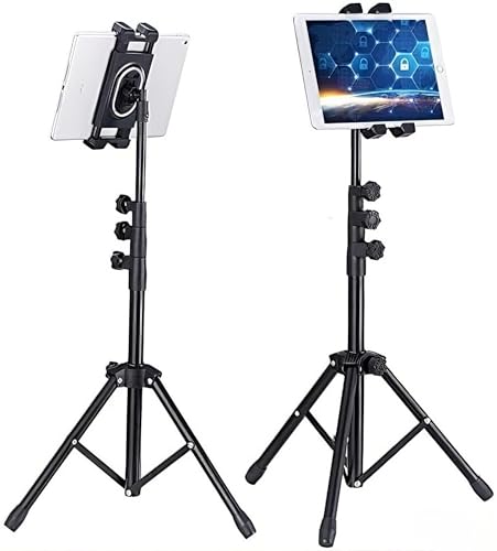 Naoman Suporte Tripé para Tablet e Celular, Dois Suportes Ajustáveis 360 Graus, Suporte para Tablet Pedestal, 4,7-12,9', Pedestal para Celular, Compatível para Kindle, Ipad e Celular, Preto