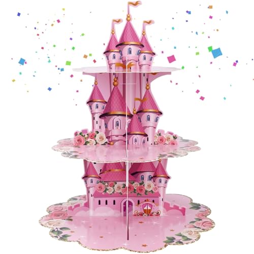 3 Tier Princess Birthday Cupcake Pink Cake Stand Princess Party Decorations Beautiful Cardboard Cake Stand Suitable for Girls Birthday and Baby Shower Parties