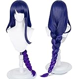 Raiden Shogun Wig with Braid Ponytail & Bangs, Long Purple Raiden Shogun Baal Cosplay Wigs Women Girls Gradient Synthetic Fiber Hair + Elf Ears + Hair Net for Anime Game Cos Halloween Costume Party