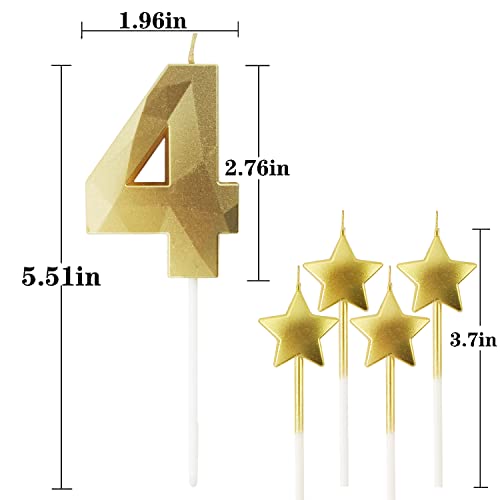 Golden Number 4 Birthday Candles and Star Birthday Candles 2.76 inch Birthday Cake Candles 3D Diamond Shaped Candles are Suitable for Birthday Parties and Anniversary Cake Decorations Candles(Gold 4