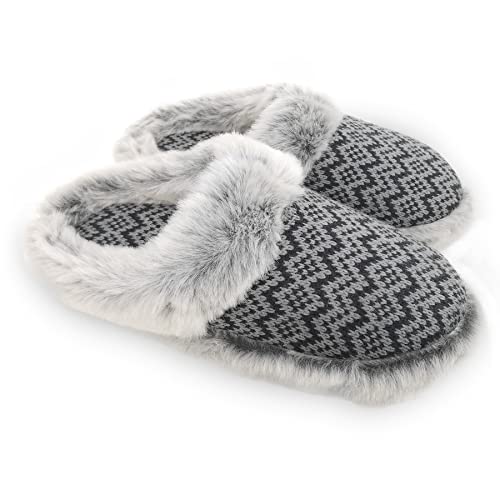 ofoot Womens Soft Comfortable Warm Furry Faux Fur House Knitted Slippers With Memory Foam Non Slip Indoor Outdoor Rubber Sole