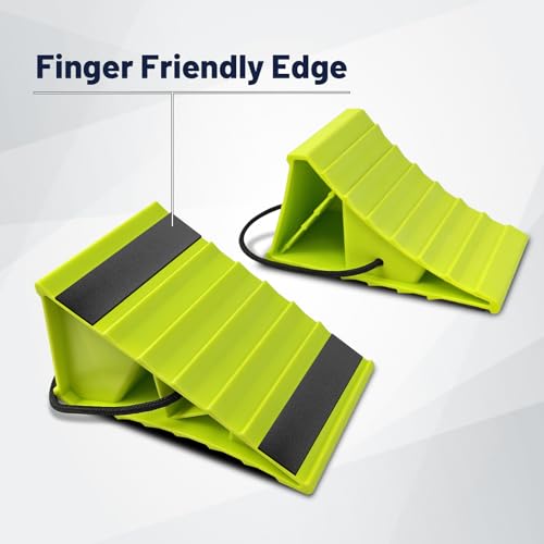 Image of HOXWELL 2 Pair Wheel Chocks for Travel Trailers, Non Slip Heavy Duty Green Wheel Chock with Rope, Lightweight Wheel Stoppers for Cars Campers Trucks RVs, Easy to Carry & Suitable for Most Tyre Sizes