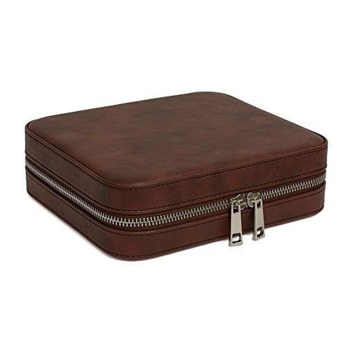 Brown Faux Leather Three-Slot Watch & Jewelry Travel Storage Case