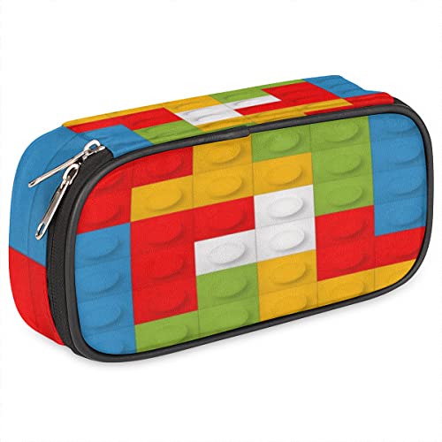 Image of Building Block Big Capacity Pencil Pen Case Colorful Large Pencil Pouch with Zipper Compartments Pencil Bag for Boys Girls Adults Student Office School Supplies