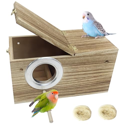 PINVNBY Parakeet Nesting Box, Carbonized Wood Bird Box, Wood Breeding Box for Birds, Budgie Lovebirds Conure Finch Parrot Canary (M: 9.8 x 5.3 x 5.3 inch)