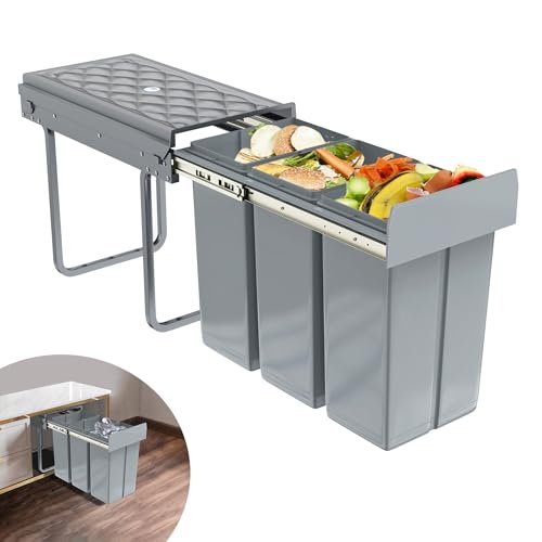 Suusolny Grau 3 x 10L Einbaumülleimer Mülltrennsystem Ausziehbar Mehrfachbehälter Abfallsammler Schrankmülleimer Geruchsdicht Komfortabler Zugang für Küche 48x26x42cm