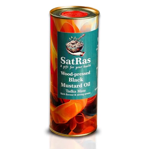 Image of SatRas Wood Pressed Mustard Oil 1 Ltr | Cold Pressed Kachi Ghani Sarso Oil | Wooden Kolhu Extracted Black Mustard Oil | Rich in Omega 3, 6 & Vitamin E, Unrefined, Chemical Free, Pure Indian Edible Oil