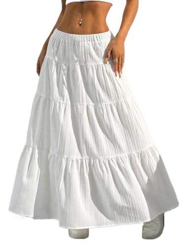 Solid Color High Waist Tie Ruffle Hem Long Skirt Basic Women's Summer Casual Vinage Skirt