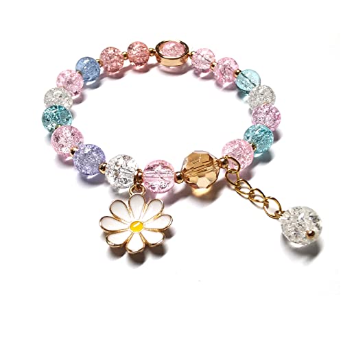 Image of Glazed Flowers Crystal Bead Bracelets 8mm Gemstone Beaded Stretch Bracelet with Flower Bracelet for Women