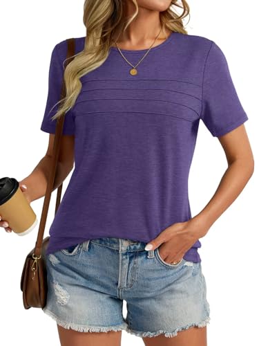 Womens Short Sleeve T Shirt Crewneck Pleated Shirts Dressy Casual Loose Fit Tee Summer Trendy Tops 2025