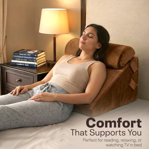 Image of Orthopedic Adjustable Wedge Pillow with Memory Foam & Headrest for Back Support, Leg Elevation, Acid Reflux, GERD, Snoring Relief - 7 Inclines - Soft Washable Cover - Brown (56 x 53 x 38 CM)