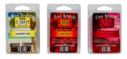 3 Pack Soy Blend Wickless Candle Bar Wax Melts - Summer Scents - One Package Each of Summertime (Coconut), Love Potion (Fruity Perfume) , and Ecstasy (a Fun, Fruity and Floral Scent)