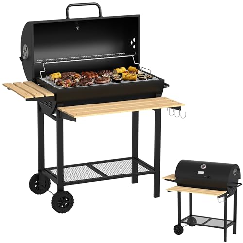 Zilan Barbacoa de carbón vegetal con tapa y termómetro, carro de barbacoa con gran superficie de parrilla de 71 x 37 cm, estante lateral de madera y mesa frontal plegable, parrilla con ruedas y