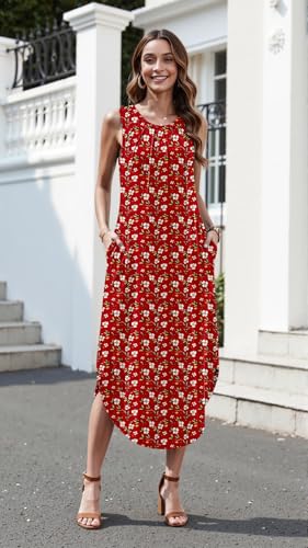Image of Zeagoo Women Floral Summer Casual Beach Printed Tank Dress with Pockets Pleated Front Long Dress