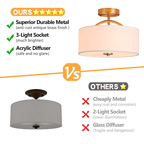 Bargeni Flush Mount Ceiling Light,13 Inch Mid Century Modern Ceiling Light Fixture,Antique Brass With Fabric Shade,3-Light Drum Light Fixture For Bedroom,Dinning Room,Foyer And Kitchen thumb #3