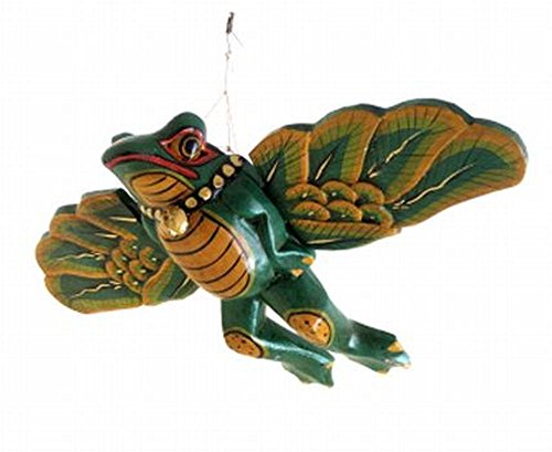 OMA Frog Statue Wooden Frog Mobile Flying Frog Wind Chime Spirit Catcher, Hand Painted - Premium Quality
