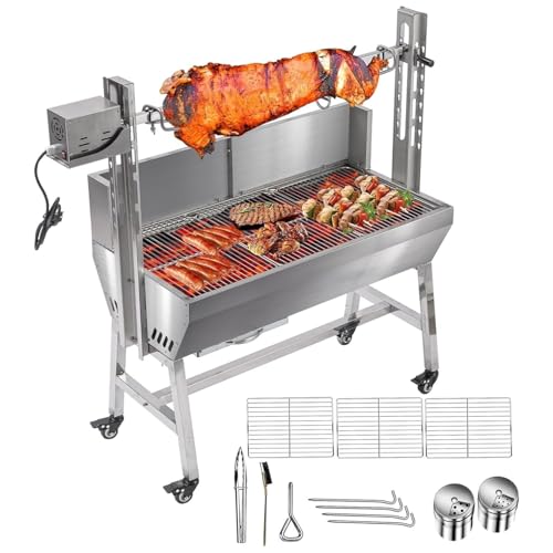 Rotisserie Grill with Back Cover Guard 25W Motor 55 Inch Stainless Steel Small Pig Lamb Rotisserie Roaster BBQ Charcoal Rotisserie Grill for Camping Party Outdoor Kitchen (132 LBS)